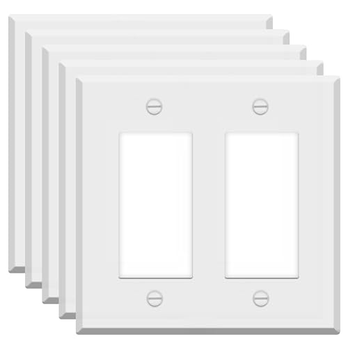 (5 Pack) 2-Gang Rocker Switch Cover, Decorator Light Switch or Receptacle Outlet Wall Plate, White Painted Metal, 2-Gang Standard Size 4.5" x 4.56", Corrosion Resistant, Made of Unbreakable Metal