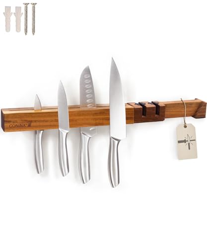 Coninx Barra Magnética de Pared para Cuchillos 48 cm Madera de Acacia con Afilador Doble Extraíble con Patas de Goma – Doble Fila para Almacenamiento de Cuchillos – Soporte Magnético