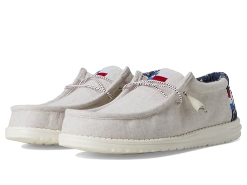 Image of HEYDUDE Men's Wally Texas Canvas Slip On Shoe, Off White Size 5 | Lightweight Loafer, Flex & Fold, Elastic Laces, Memory Foam Insole