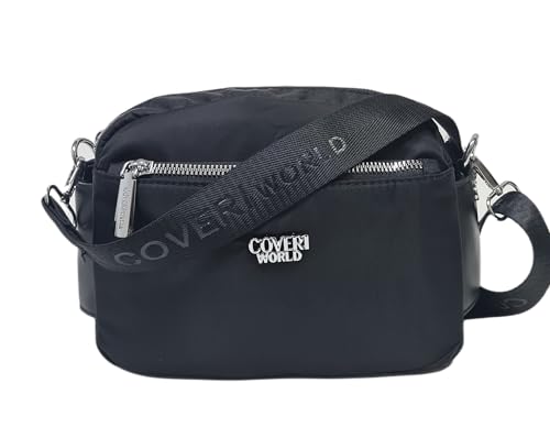 COVERI COLLECTION Bolso bandolera de nailon, dimensiones 21 x 7 x 16 cm, bolsillos múltiples, correa ajustable extraíble Art.8300, accesorios plateados, Negro , M