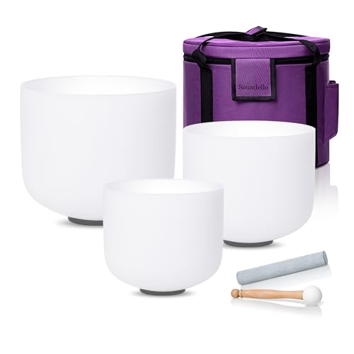 6-10 inch 432hz Quartz Crystal Singing Bowls Set of 3 Pure White, for Healing Mindfulness Meditation Yoga Sound Baths with Case and Mallet Suede Striker