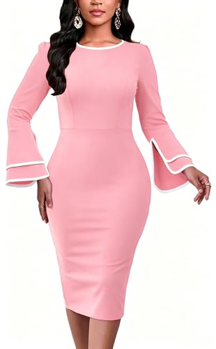Image of Church Dress for Women Flared Sleeve Midi Pencil Dress Elegant Teacher Office Business Wear to Work Dresses