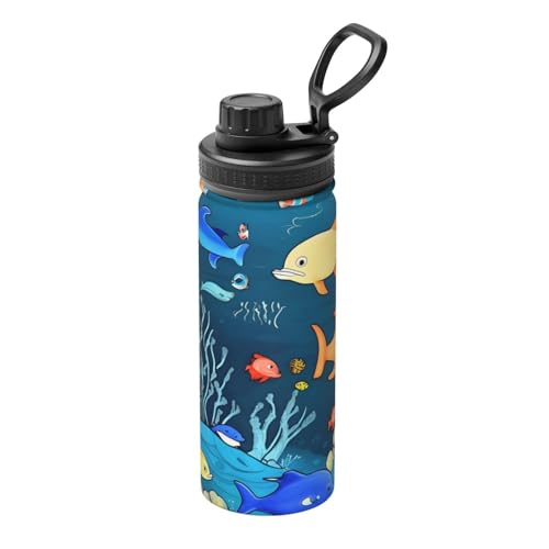 Pmhmer Blue Underwater World Of Fish - Botella de agua deportiva aislada de 18 onzas, ligera y a prueba de fugas, adecuada para viajes al aire libre, simple y elegante.
