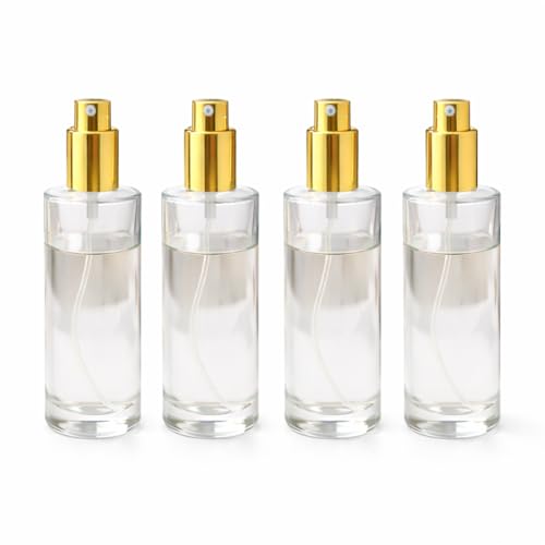 Image of Pure Source India 100ML Clear Glass Perfume Spray Bottle with Gold Atomizer Pump & Cap - Refillable & Reusable Fine Mist Sprayer (Set of 4)