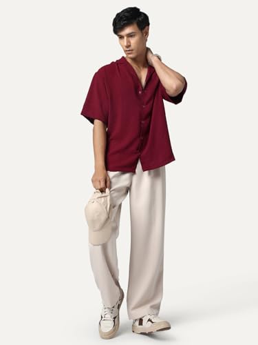 Image of Urbano Fashion Men's Cotton Half Sleeve Relaxed Fit Textured Shirt with Cuban Collar