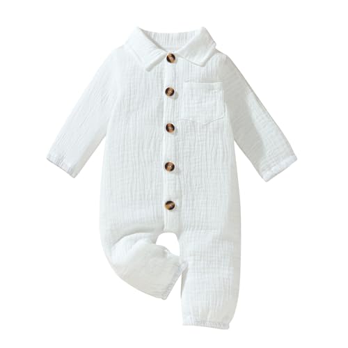 Image of VISGOGO Baby Boy Polo Romper Long Sleeve Solid Bodysuit Cotton Linen Jumpsuit Collared Onesie Infant One-Piece Outfit