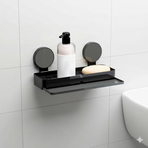 Image of Plastic Self-Adhesive Soap Holder for Bathroom with Removable Drain Tray | Wall Mount No Drill Stickable Long Soap Stand for Kitchen Sink | Black