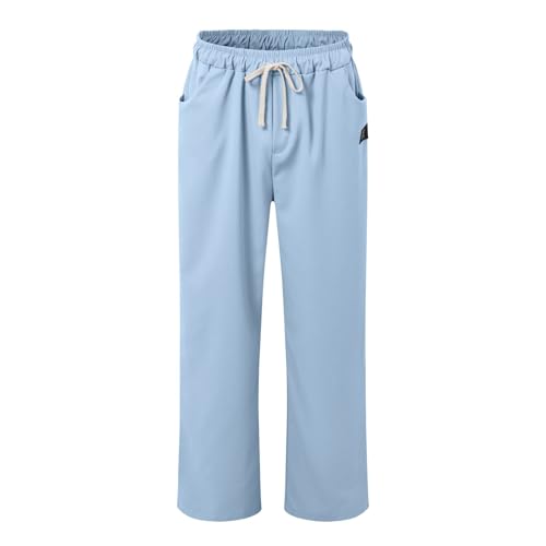 Mens Casual Hemp Fabric Embroidered Pants Lightweight Logo Drawstring Loose Pants Elastic Waist Trousers with Pockets4
