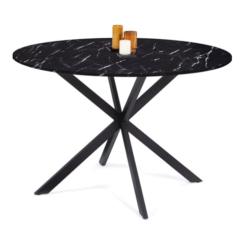 IDMarket - Table à Manger Ronde ALIX 4-6 personnes pied araignée métal Noir et Plateau Effet marbre Noir Alaska 110 cm