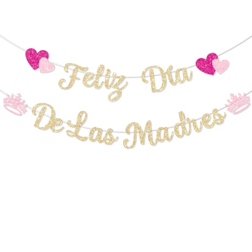 Glittery Feliz Dia De Las Madres Decoration Banner Gold with Heart Rose Pink Happy Mothers Day Best Mom Ever Thanks Mom Mothers Day Feliz Dia Mama Party Fireplace Mantle Decorations Supplies