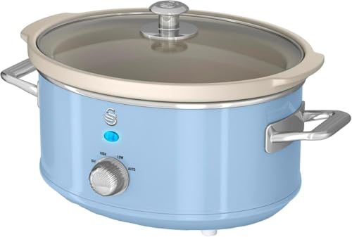 Swan Retro Slow Cooker with 3 Temperature Settings Removable Dishwasher Safe Ceramic Pot and Glass Lid 3.5L Blue SF17021BLN