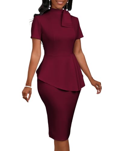 Image of WanMem Women Formal Bodycon Peplum Cocktail Dress Short Sleeve Bow Ruffle Pencil Party Midi Dresses