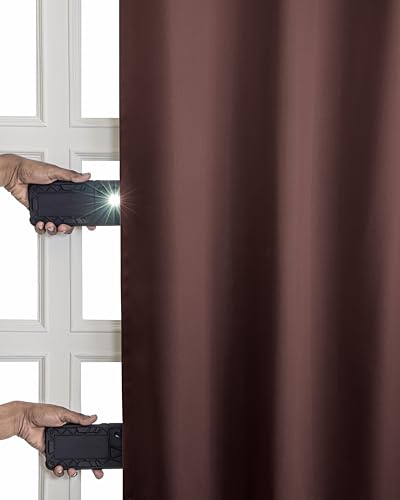 Image of The Home Story Dark Cocoa Blackout Eyelet Long Door Curtains Set of 2, (9 Feet) 54 x 108 Inches, Room Darkening & Noise Reduction Curtains with Tiebacks