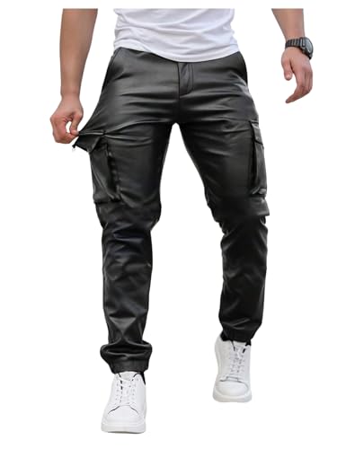 WDIRARA Mens Faux Leather Jogger Pants Streetwear Straight Leg Cargo Pants with Pockets Black Medium
