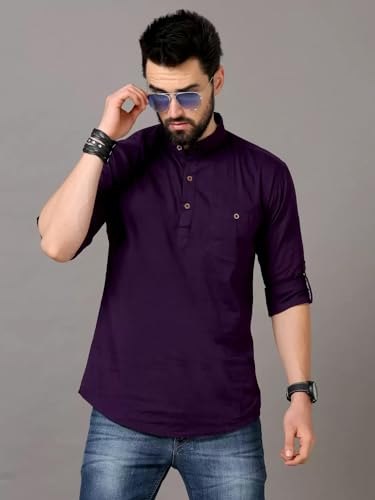 Image of DEEMOON Men's Cotton Blend Full Sleeve Short Kurta with Mandarin Collar Crafted from a Premium Cotton Blend