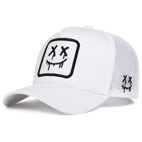 SPKTCHEN XX Smile Face Mesh Cap Adjustable Baseball Hat with Embroidered Smile Design Breathable Mesh for Men Women Summer Sun Hat White