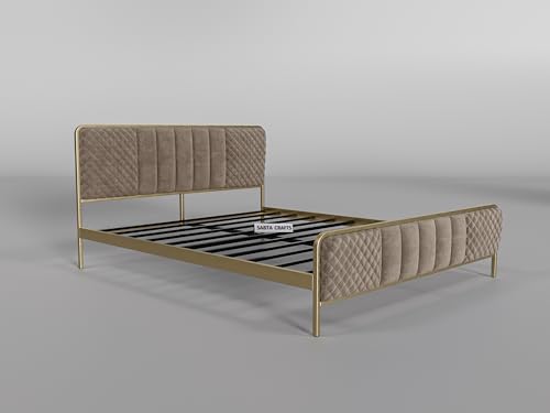 Image of Modern Upholstered Double Size Bed for Bedroom | Metal Double Bed | Platform Cot Bed with Upholstery Premium Fabric | 6.5 x 4 Ft | Powder Coated Metal Bed | Beige