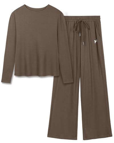 Ficerd Women's 2 Piece Casual Tracksuit Long Sleeve Lounge Sets Crew Neck Pullover Tops Long Pants with Pockets Outfits(Mocha,S)