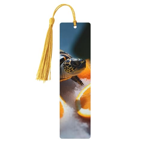 カメ Emerging from Oranges 木製しおり 男女兼用 読書用 木製しおり タッセル付きユニークなハンドメイドブックマーク タッセルペンダント付きクラフトブックマーク 本好きの誕生日教師へのギフトに