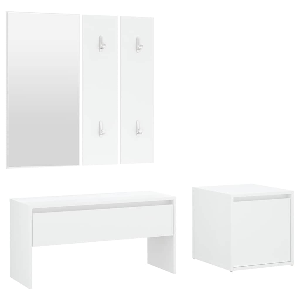 Ensemble vestiaire en bois blanc avec miroir et banc de rangement pour couloir