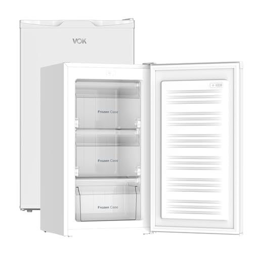 VOK Congelador Vertical Sobremesa Table Top Mini 63 L, Clase E, Puerta Reversible, Luz LED, Estático, Control Mecánico, Blanco, 82.5 x 45.3 x 45.5 cm EVF-63TDEW