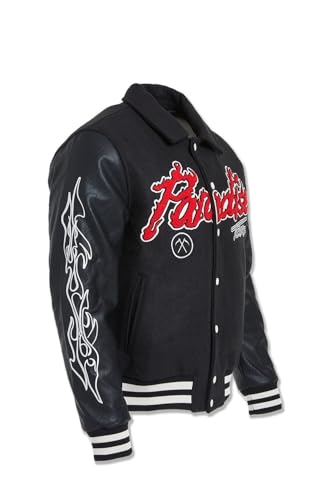 Paradise Tour Black Varsity Jacket, Embroidered Flames and Tribal Design4
