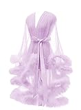 Women Tulle Feather Christmas Robe Sexy Sheer Mesh Fur Bridal Robes Illusion Lingerie Marabou Robe Boudoir Bathrobe Nightgown Lilac S/M