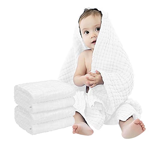 Image of FOOK FISH Muslin Baby Towel Super Soft Cotton Baby Bath Towel 2 Pack 6 Layers Infant Towel Newborn Towel Blanket Suitable for Baby's Delicate Skin 40 x 40inches (White)