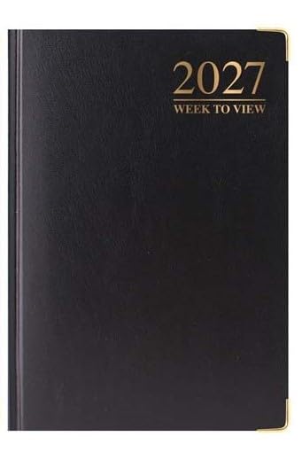 2027 A6 Week To View Hardback Diary with Ribbon Marker Metal Corners (Black)