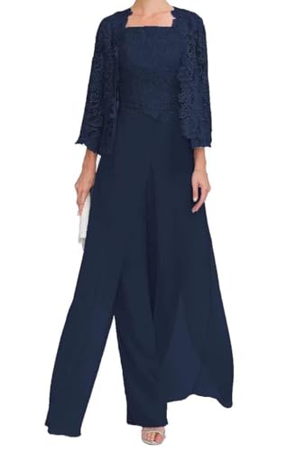 Mother of The Bride Groom Pant Suits 3 Pieces - Chiffon Jumpsuit Women Dressy Outfit for Wedding Formal with Lace Jacket