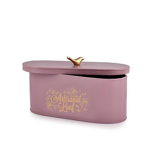 Image of Elan Gingham and Blooms Bread Box with Tweet Bird Knob, Food-Grade Storage for Bread and Bakery Storage Container (Mauve)