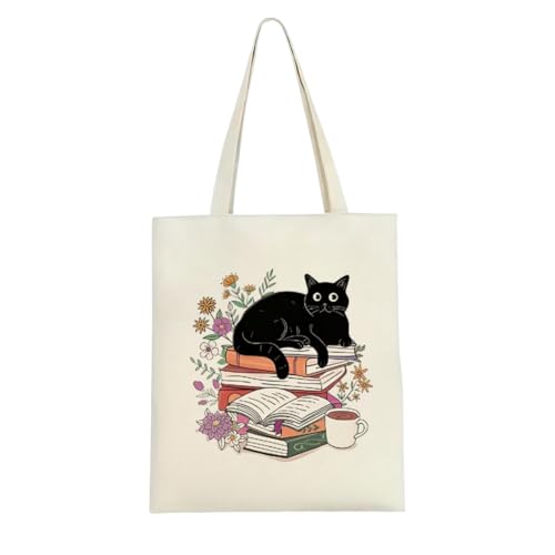 Imagen de ZORVYN bolso tote bag mujer con diseño de gato negro y libros estética bolsa tote bag tela como regalo para amantes de los gatos mujeres bolso de hombro para universidad trabajo y compras