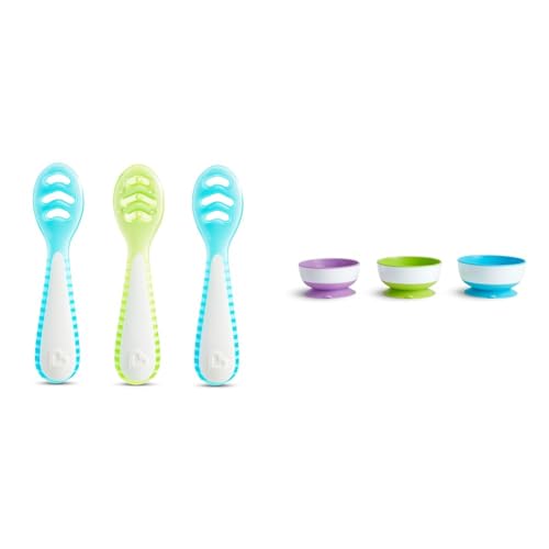 Image of Munchkin® Gentle Dip™ Multistage First Spoon Set for Baby Led Weaning, Self Feeding, Solids & Purees, 3 Pack, Blue/Green & Stay Put™ Suction Bowls for Babies and Toddlers, 3 Pack, Blue/Green/Purple