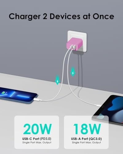 Image of [4 Pack] USB C Charger Block Fast Charging Multiport Adpater [PD 20W USB-C & QC 3.0 USB-A Port] for iPhone 17 /16 /15 /14 /13 /12 /11 /X /9, iPad, Galaxy, Google & More [Pink]
