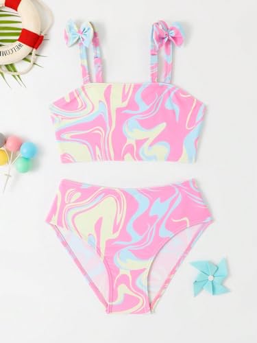 Image of WDIRARA Girl's Cute Swimwear Bowknot Marble Print Bikini Swimsuits 2 Piece Beach Bathing Suit Multicolor 7Y
