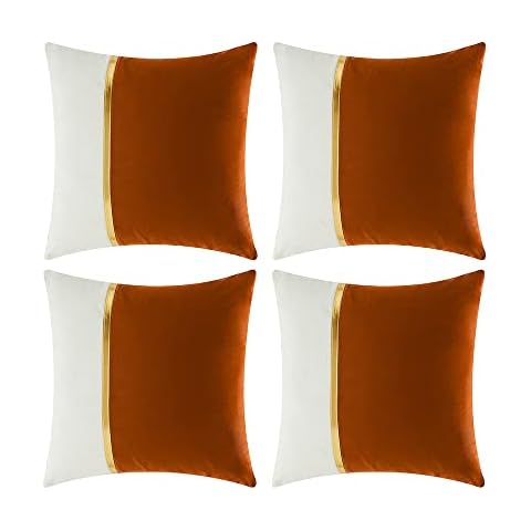 Fancy Homi 4 Packs Fall Decorative Throw Pillow Covers 18x18 Inch for Living Room Couch Bed, Brunt Orange and White Velvet Patchwork with Gold Leather, Luxury Home Decor Square Cushion Case 45x45 cm Cover