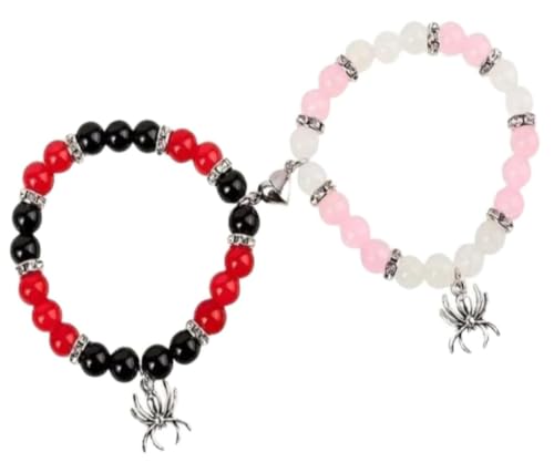 Image of Spider-Man Inspired Couple Bracelets 2pcs - Magnetic Attraction Heart Charm, Glass Beads, Spider Pendant, Marvel Theme Party Accessory, Valentine's Day Gift, Suitable for All Seasons