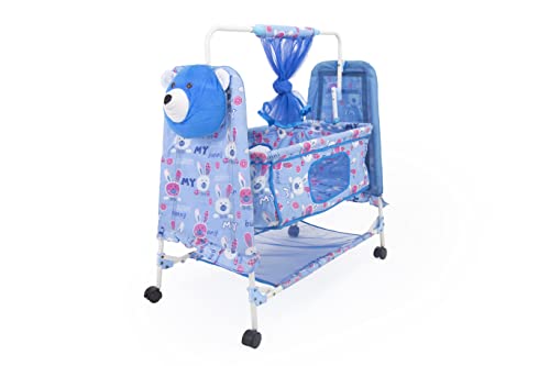 BABYBLESSING Metal Baby Cradle With Swing And Mosquito Net | With Swing Lock | Foldable | Sturdy And Safe | Durable | With Mosquito Net & Pillow | Jhulla | Baby Swing | 0-15 Months | Blue