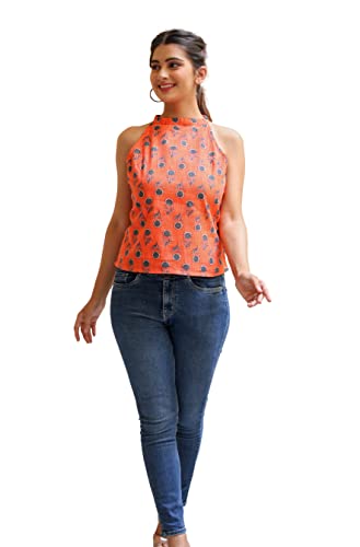 Image of Yash Gallery Women's Cotton Regular Fit Floral Printed Hot Neck Regular Top
