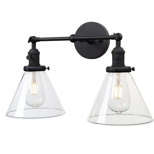 Image of PERMO Double Sconce Vintage Industrial 2-Lights Sconce Matte Black Antique Wall Sconces with Funnel Flared Glass Clear Glass Shade Vanity Light for Bathroom
