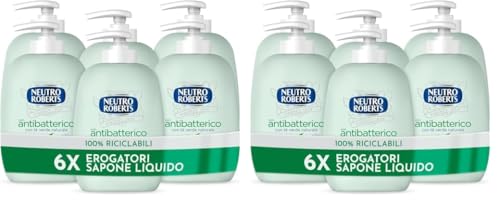 Neutro Roberts, Sapone Liquido Antibatterico, Pelle Sana e Protetta, Té Verde con Ingredienti Naturali - Flacone in Bio Plastica, Riciclabile - Confezione da 12x200 ml