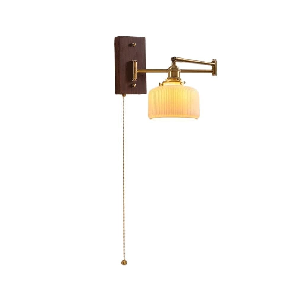 KBUUKYYXouy Wall Sconce for Bedroom Chandelier Brass Swinging Arm Pleated Glass Pull Chain Wall Sconces Nordic Farmhouse Reading Light Milk Glass Wood for Bedroom Bedside L,One Color-A(D)