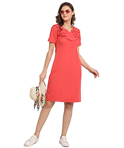 Image of OOMPH! Women's Western & Fusion wear Above Knee /Mid Thigh Length Sheath Red Dress in Lycra Blend Fabric with V Neck and Short Sleeve