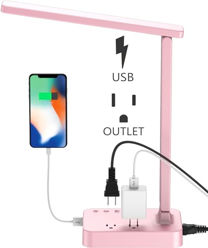 Drevet LED Desk Lamp Desk Light with 1 USB Charging Port and 2 AC Power Outlet 3 Lighting Modes 3 Level Brightness 1H Timer Touch Control Eye-Caring Home Office Foldable Table Lamp (Pink)