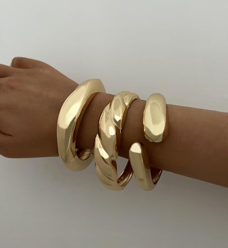 Image of Chunky Gold Bangle Bracelets for Women, Dainty 14k Gold Plated Big Stackable Bangles Set, Trendy Statement Cuff Bracelet Stack Fashion Jewelry Gifts