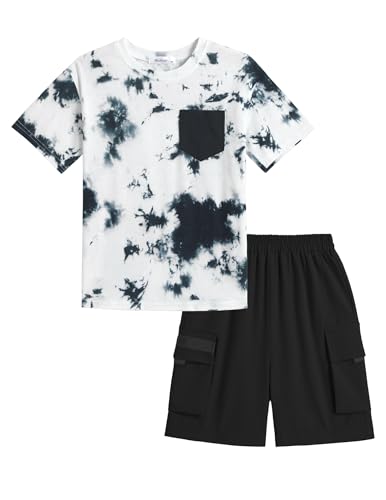 Image of Arshiner Boys' 2-Piece Cotton Outfit Short Sleeve Crewneck T-Shirt & Cargo Shorts Set Summer Casual Clothes for Kids 5-13