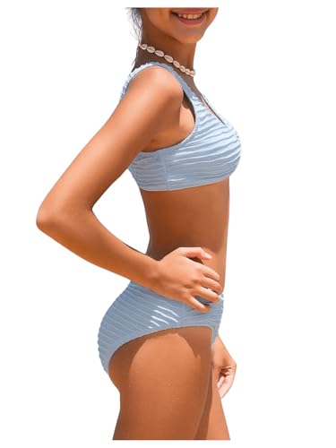 Image of WDIRARA Girl's Heart Ring V Neck Bikini Set Swimsuit 2 Piece Bathing Suit Blue 12-13Y