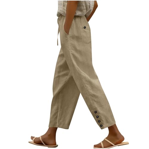 Womens Straight Leg Linen Trousers Summer Elasticated Waist Trousers Wide Leg Lightweight with Drawstring Pockets Casual Loose Breathable Palazzo Pants Beach Bottoms for Holiday Beige