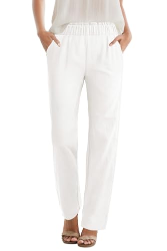 SEMARO Womens Casual High Waisted Linen Feel Pants Tapered Vacation Lounge Pants Trousers with Pockets White