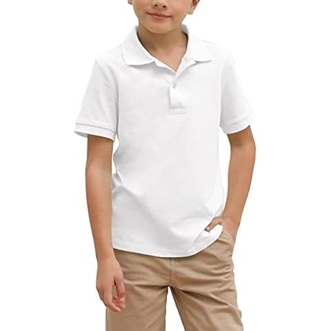 Boys' School Uniform Short Sleeve Polo Shirt, Button Closure, Moisture Wicking Stretch Sport Shirts for Kids and Teens White Cover